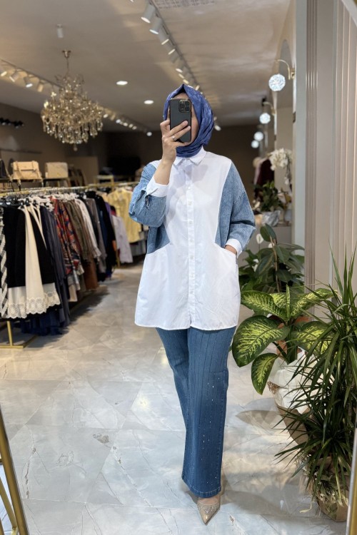 TAM BOY TAŞ DETAY KOT PANTOLON Mavi