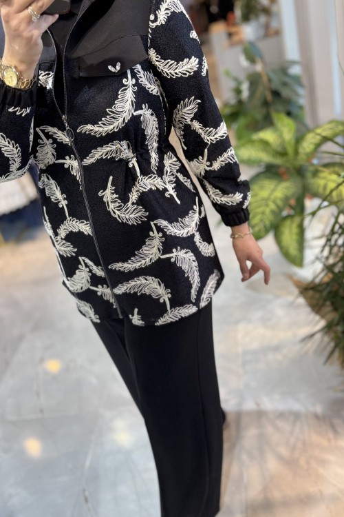 DOUBLE BAHAR CEKET(İŞLEME ) Siyah Ekru