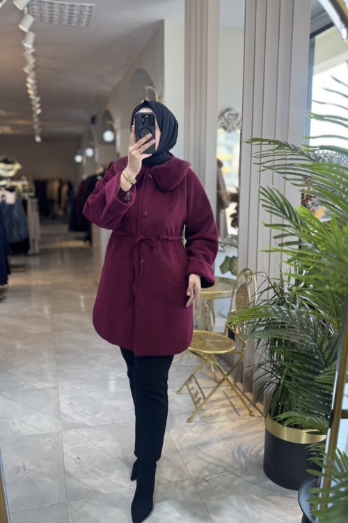 NPRİVE 5241 YAKA KÜRK DETAY KAŞE KABAN Bordo