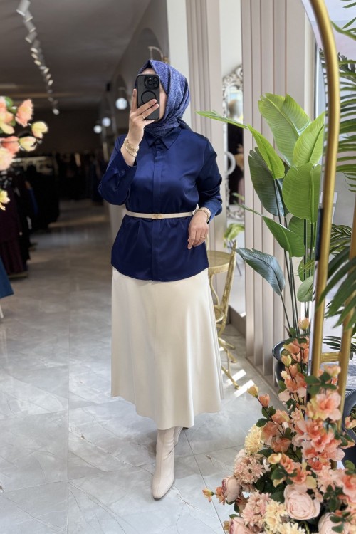 LOVELY SATEN GÖMLEK Lacivert