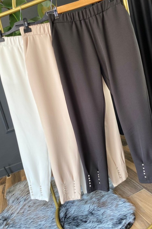 002 - Şeyda Paçası Taş Detaylı Pantolon Beyaz